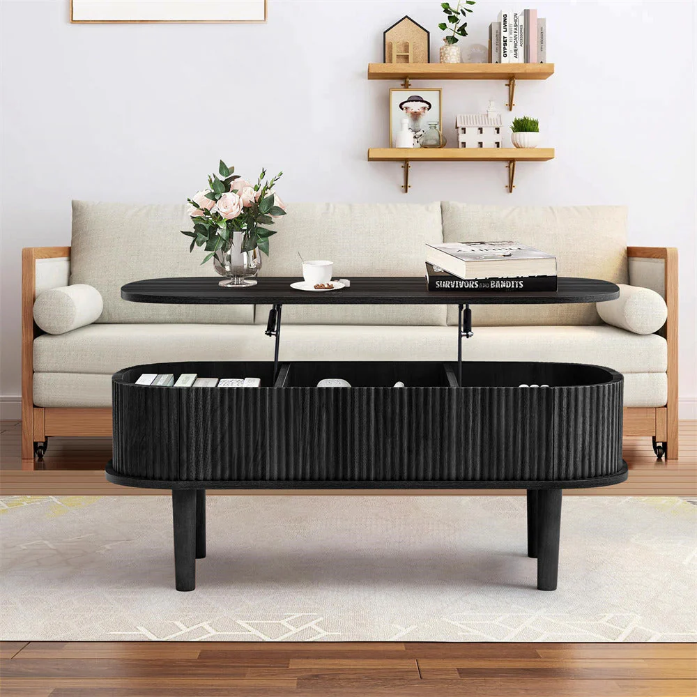 Modern Oval Fluted Wooden Lift Top Coffee Table with Hidden Compartment