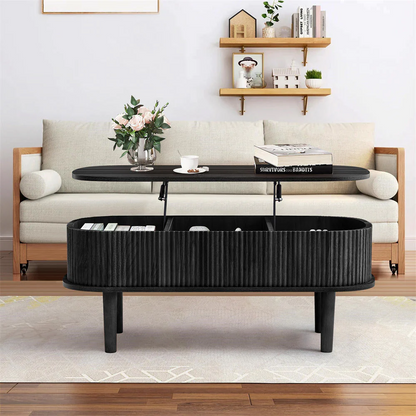 Modern Oval Fluted Wooden Lift Top Coffee Table with Hidden Compartment