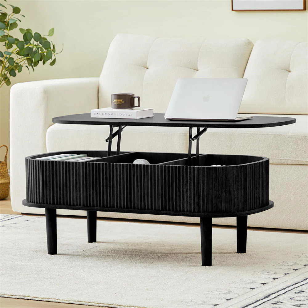 Modern Oval Fluted Wooden Lift Top Coffee Table with Hidden Compartment