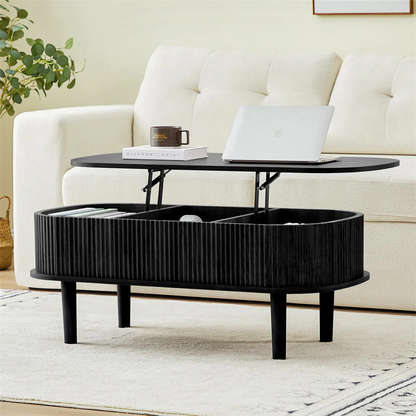 Modern Oval Fluted Wooden Lift Top Coffee Table with Hidden Compartment