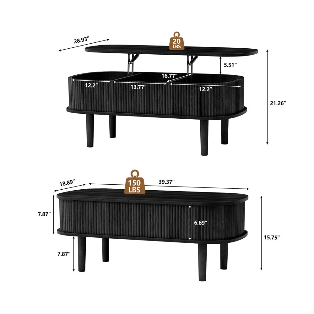 Modern Oval Fluted Wooden Lift Top Coffee Table with Hidden Compartment