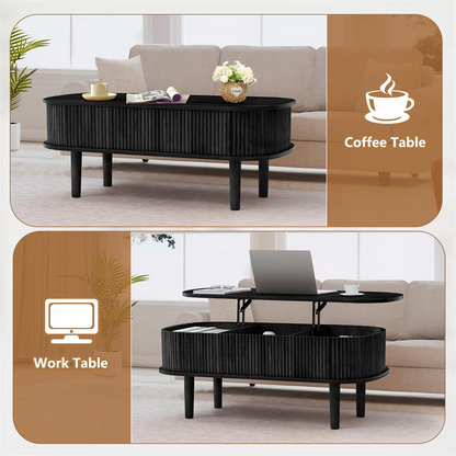 Modern Oval Fluted Wooden Lift Top Coffee Table with Hidden Compartment