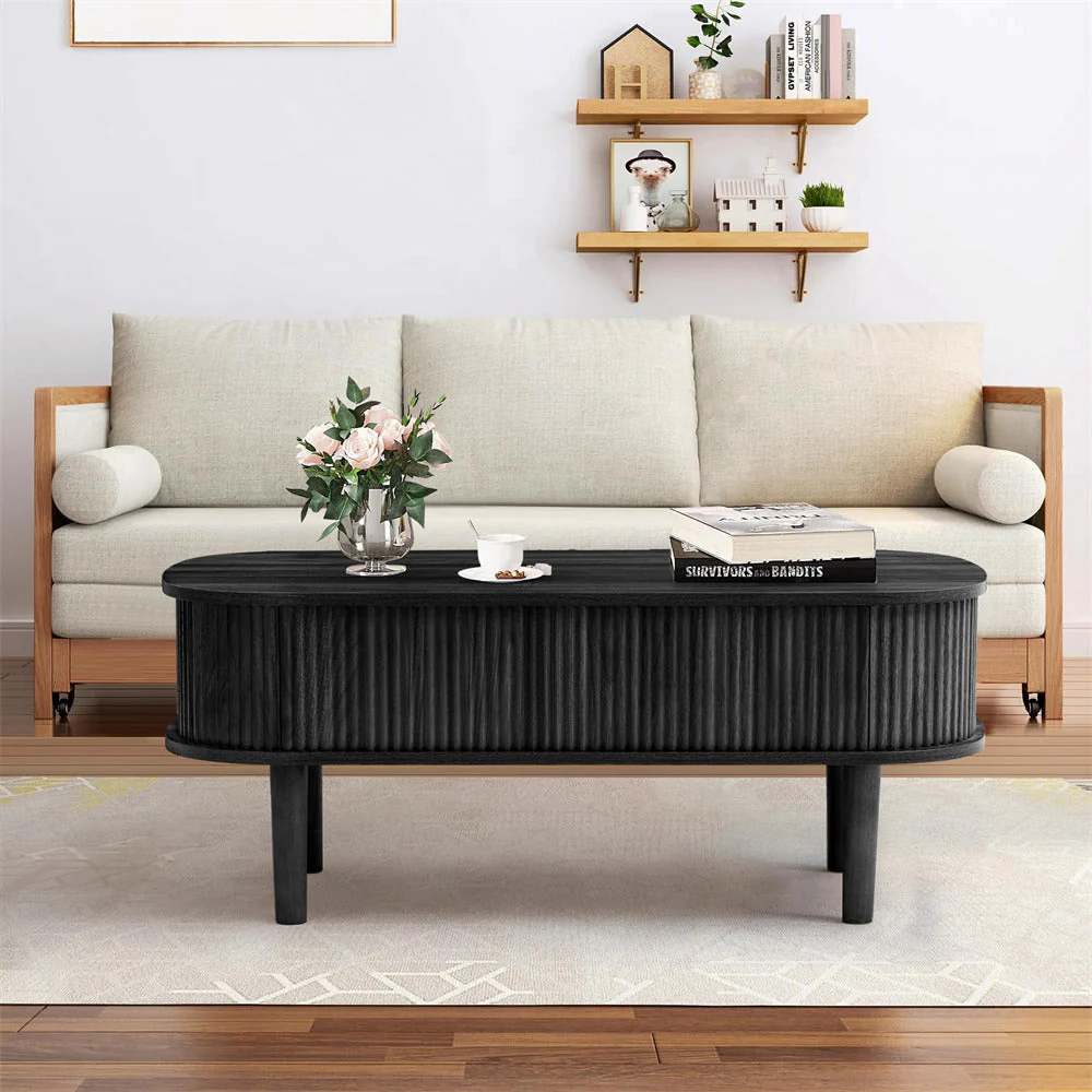 Modern Oval Fluted Wooden Lift Top Coffee Table with Hidden Compartment