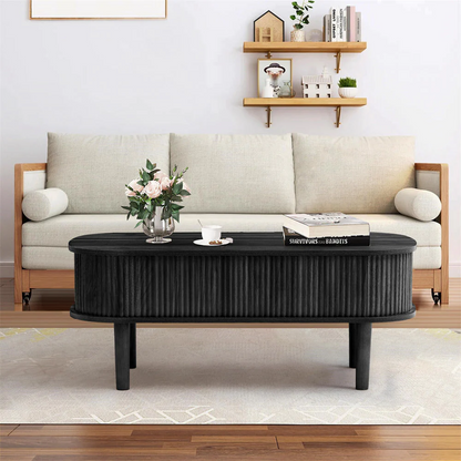 Modern Oval Fluted Wooden Lift Top Coffee Table with Hidden Compartment