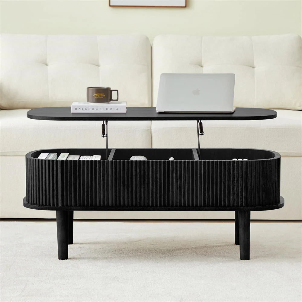 Modern Oval Fluted Wooden Lift Top Coffee Table with Hidden Compartment