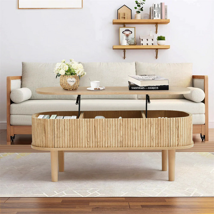 Modern Oval Fluted Wooden Lift Top Coffee Table with Hidden Compartment