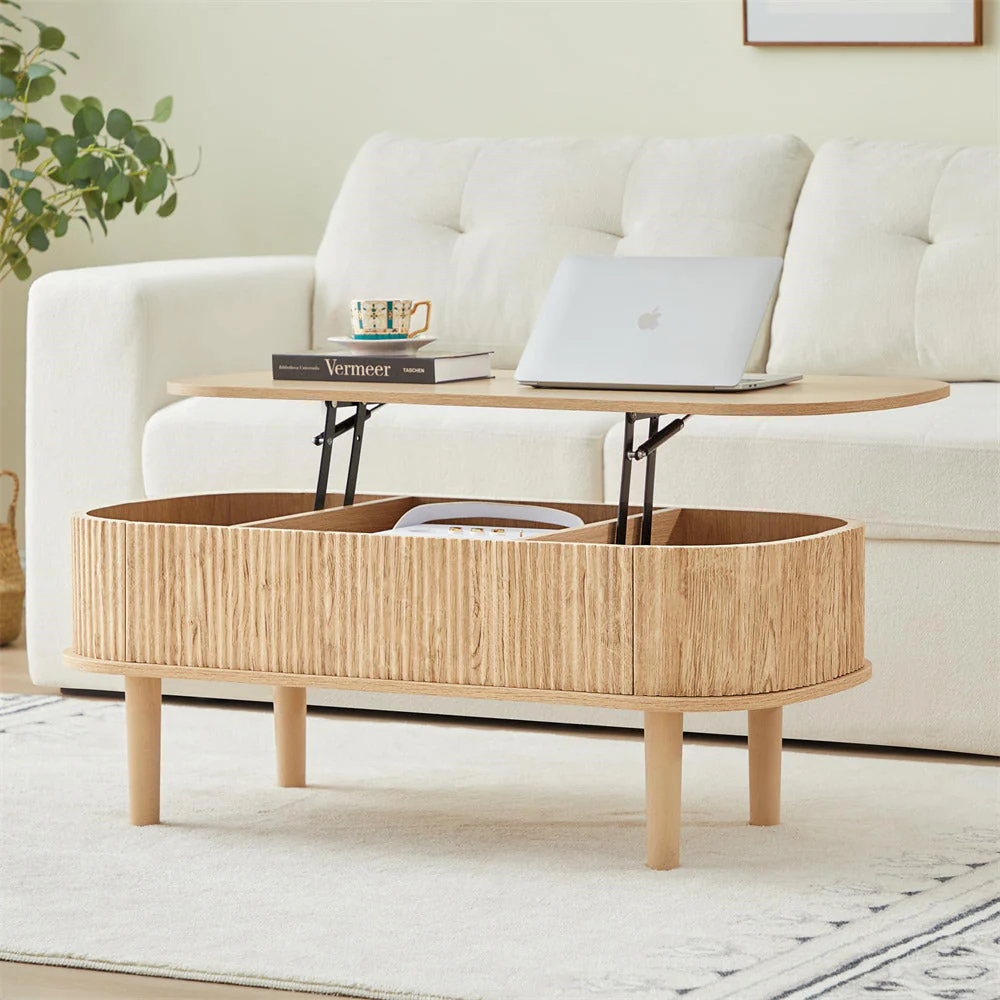 Modern Oval Fluted Wooden Lift Top Coffee Table with Hidden Compartment