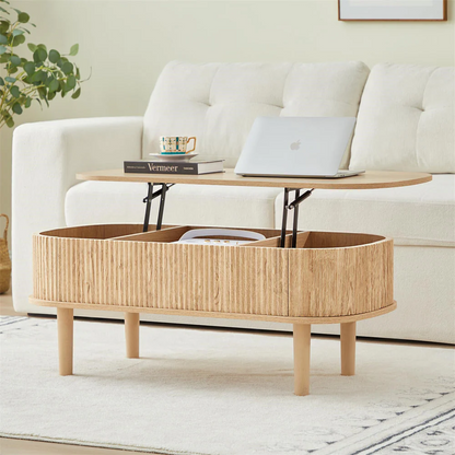 Modern Oval Fluted Wooden Lift Top Coffee Table with Hidden Compartment