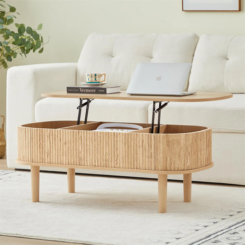 Modern Oval Fluted Wooden Lift Top Coffee Table with Hidden Compartment
