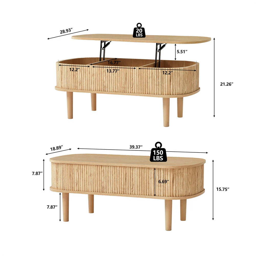 Modern Oval Fluted Wooden Lift Top Coffee Table with Hidden Compartment