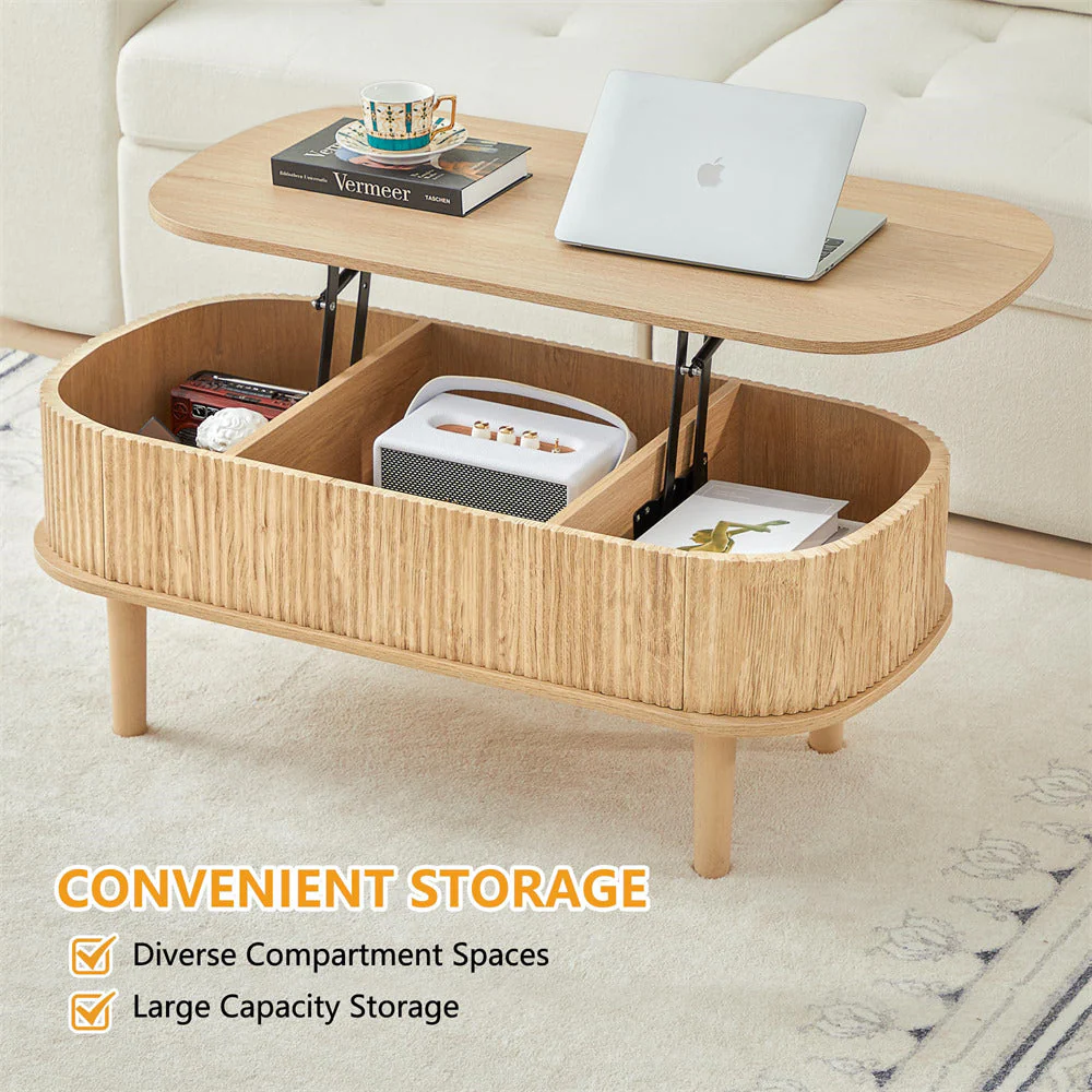 Modern Oval Fluted Wooden Lift Top Coffee Table with Hidden Compartment
