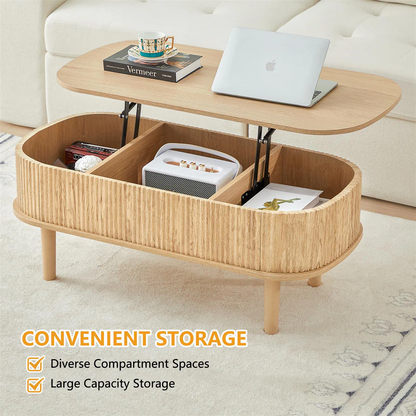 Modern Oval Fluted Wooden Lift Top Coffee Table with Hidden Compartment