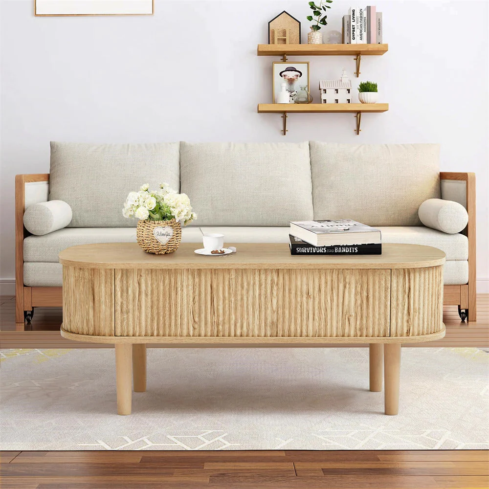 Modern Oval Fluted Wooden Lift Top Coffee Table with Hidden Compartment