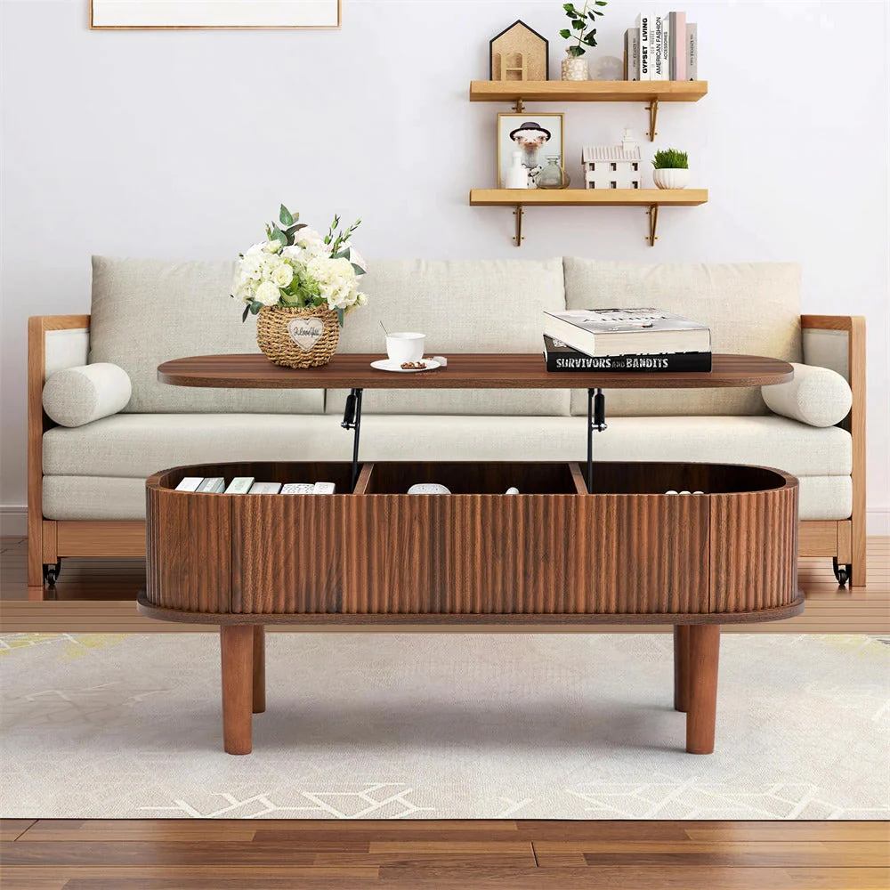 Modern Oval Fluted Wooden Lift Top Coffee Table with Hidden Compartment