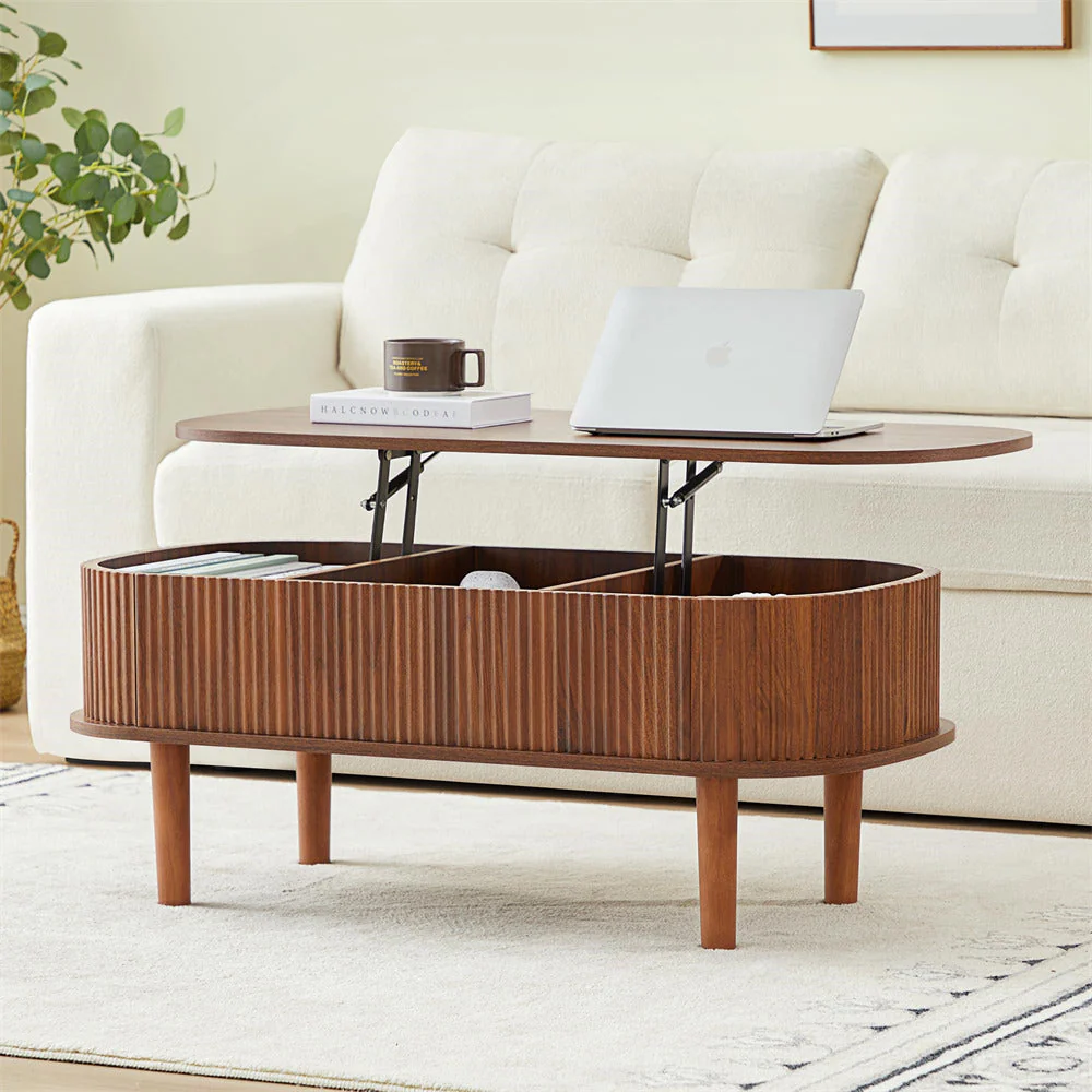 Modern Oval Fluted Wooden Lift Top Coffee Table with Hidden Compartment