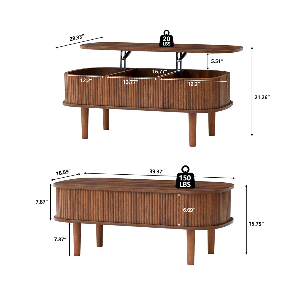 Modern Oval Fluted Wooden Lift Top Coffee Table with Hidden Compartment