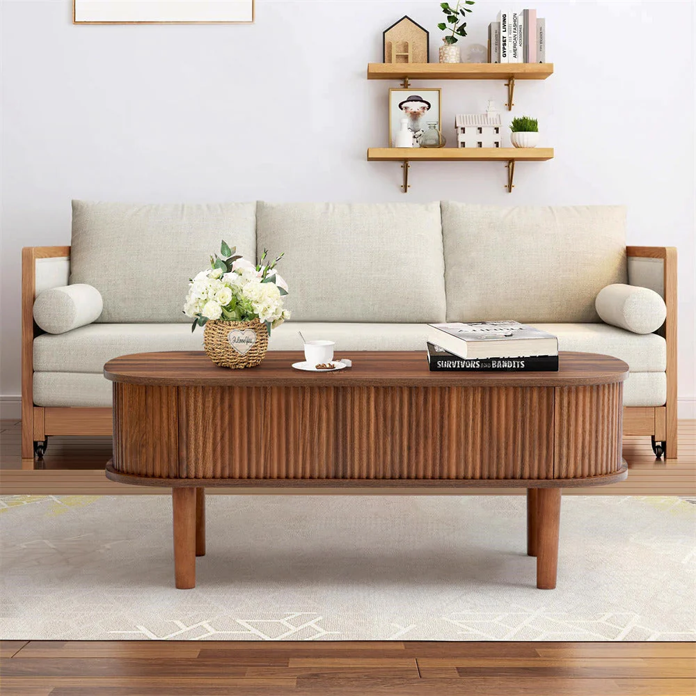 Modern Oval Fluted Wooden Lift Top Coffee Table with Hidden Compartment