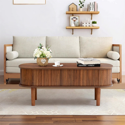 Modern Oval Fluted Wooden Lift Top Coffee Table with Hidden Compartment