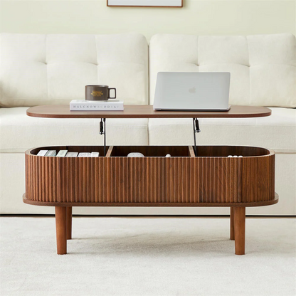 Modern Oval Fluted Wooden Lift Top Coffee Table with Hidden Compartment