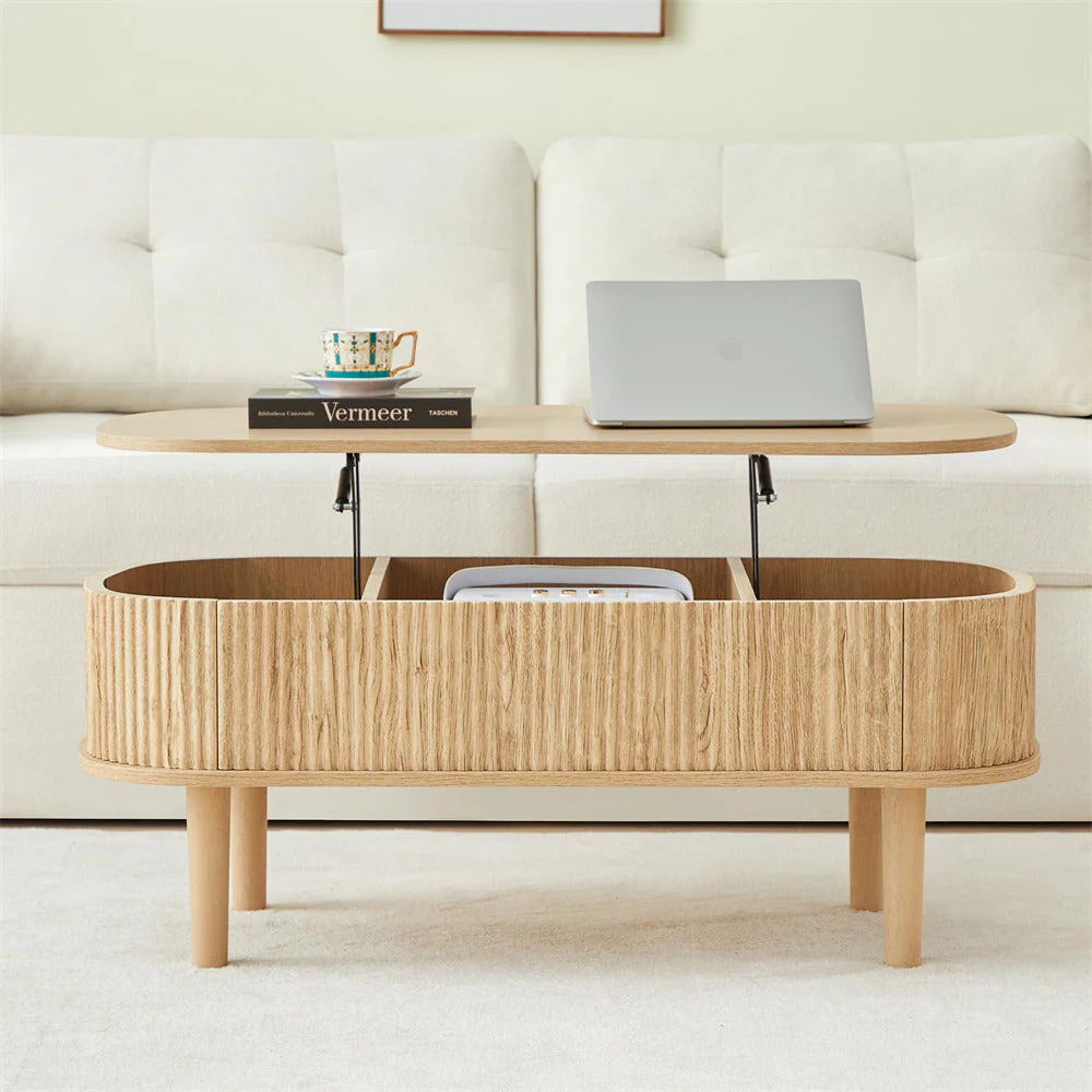 Modern Oval Fluted Wooden Lift Top Coffee Table with Hidden Compartment